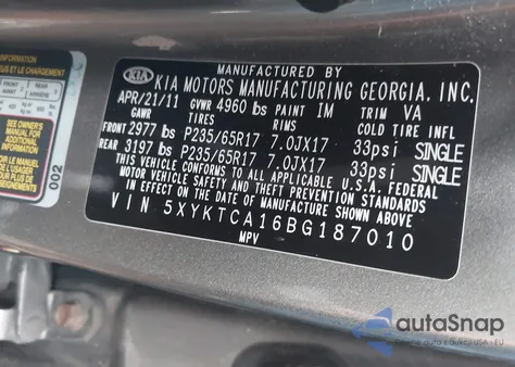 2011 Kia Sorento Lx из США, поврежденный, VIN 5XYKTCA16BG187010